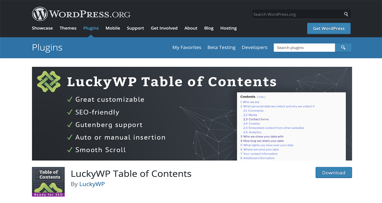 luckywp table of content
